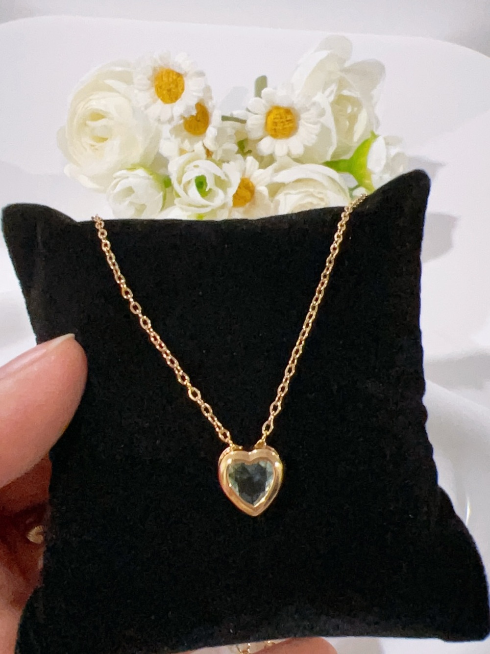 Stainless steel Heart Pendant Necklace with Clear Green Gem - Women Jewelry